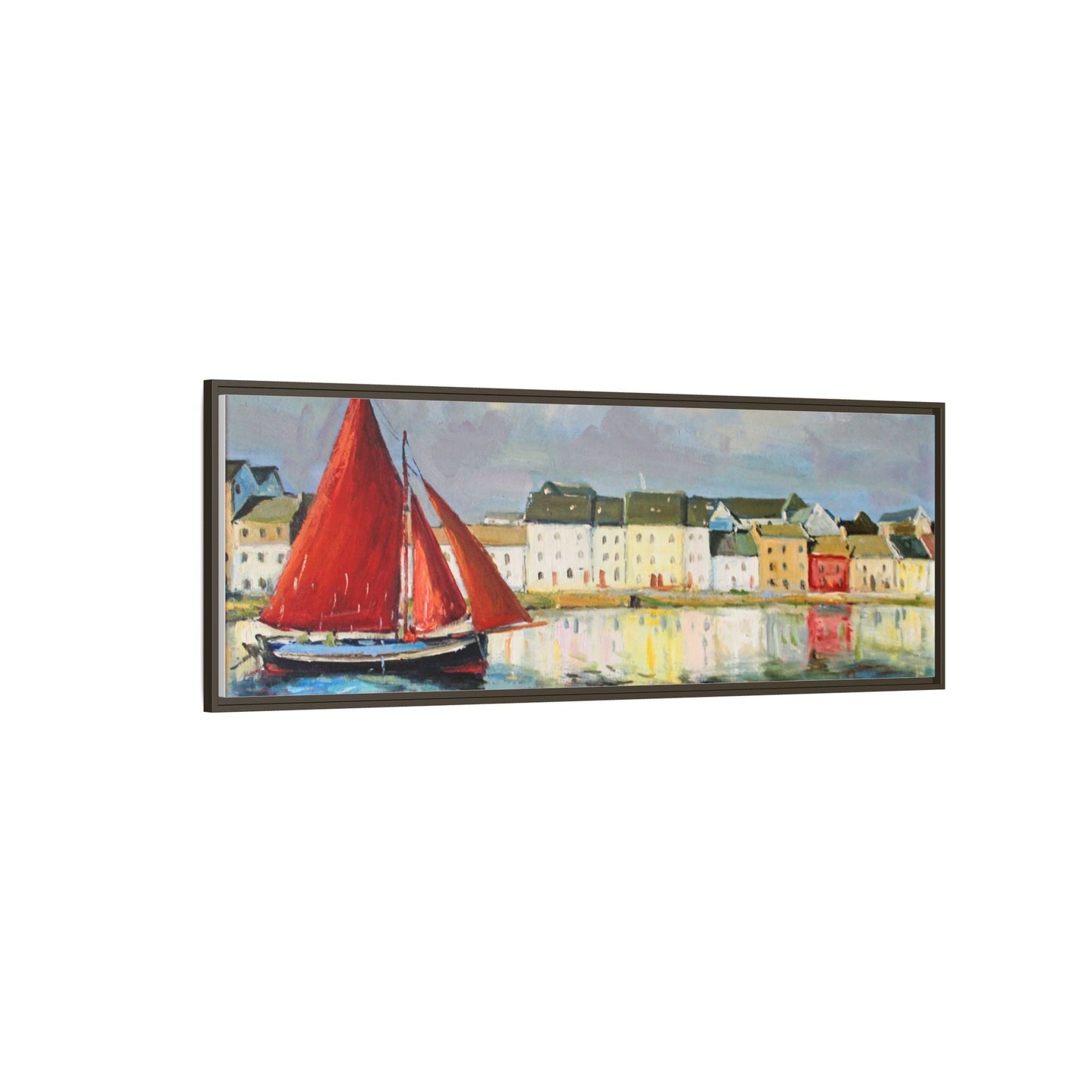 Galway Hooker Leaving Port wall art featuring a Galway Hooker boat sailing in a coastal scene, printed on high-quality canvas with a premium frame.