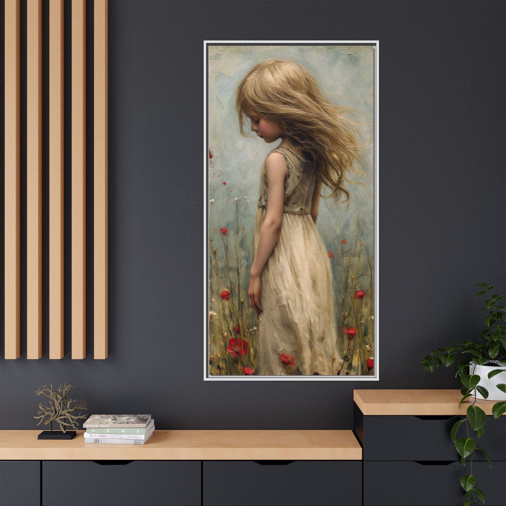 Young Girl In Flowers – Elegant pinewood-framed wall art featuring a high-quality cotton-polyester canvas with vibrant colors and a timeless design.