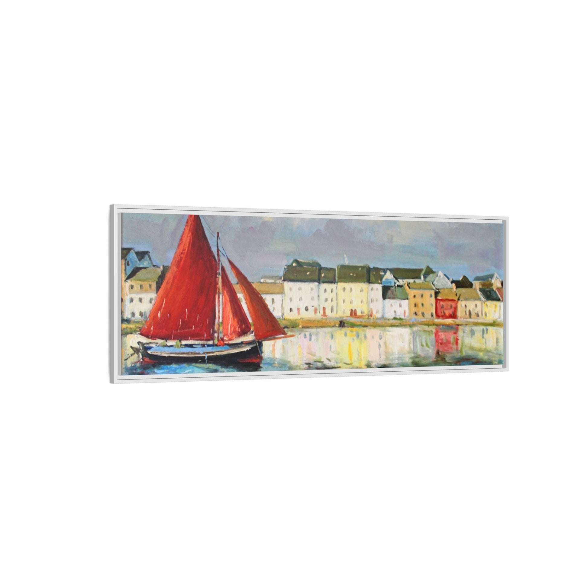 Galway Hooker Leaving Port wall art featuring a Galway Hooker boat sailing in a coastal scene, printed on high-quality canvas with a premium frame.