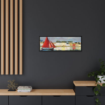 Galway Hooker Leaving Port wall art featuring a Galway Hooker boat sailing in a coastal scene, printed on high-quality canvas with a premium frame.