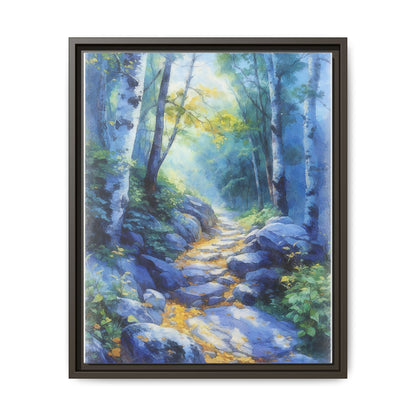 Blue Forest Path II wall art featuring a tranquil forest scene with a serene blue-toned path, printed on high-quality canvas for timeless décor.