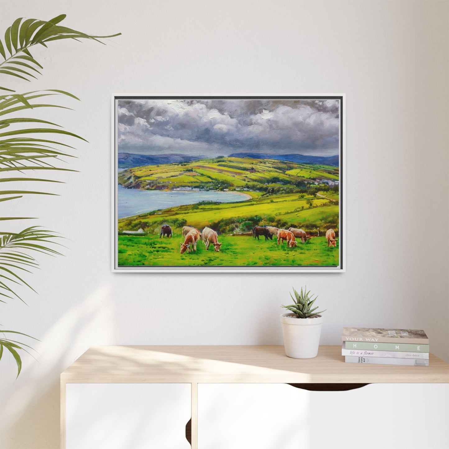 Cushendun Hills wall art showcasing rolling hills and scenic Irish landscapes, framed in high-quality materials for an elegant look.