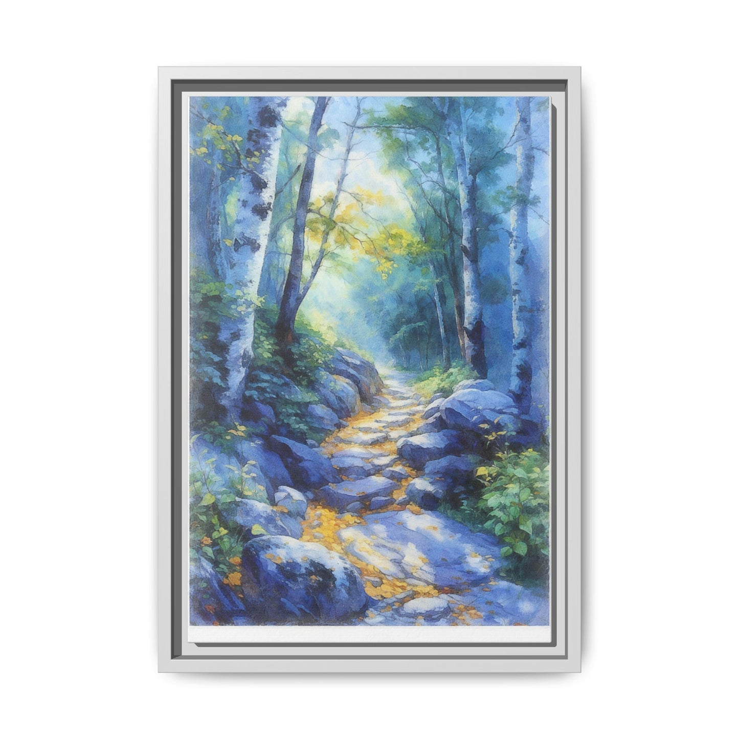 Blue Forest Path II wall art featuring a tranquil forest scene with a serene blue-toned path, printed on high-quality canvas for timeless décor.