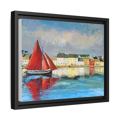 Galway Hooker Leaving Port wall art featuring a Galway Hooker boat sailing in a coastal scene, printed on high-quality canvas with a premium frame.