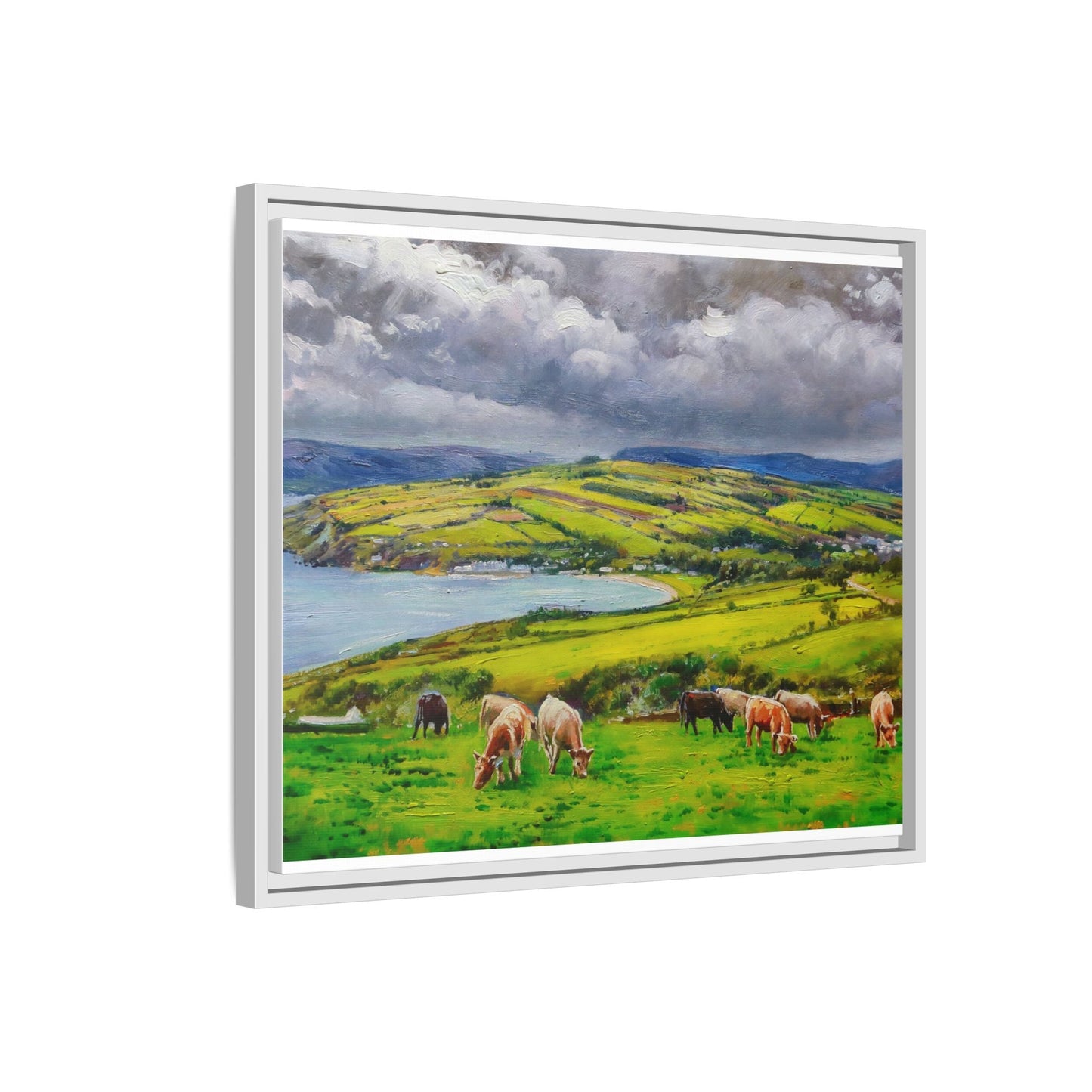 Cushendon Hills wall art showcasing rolling hills and scenic Irish landscapes, framed in high-quality materials for an elegant look.