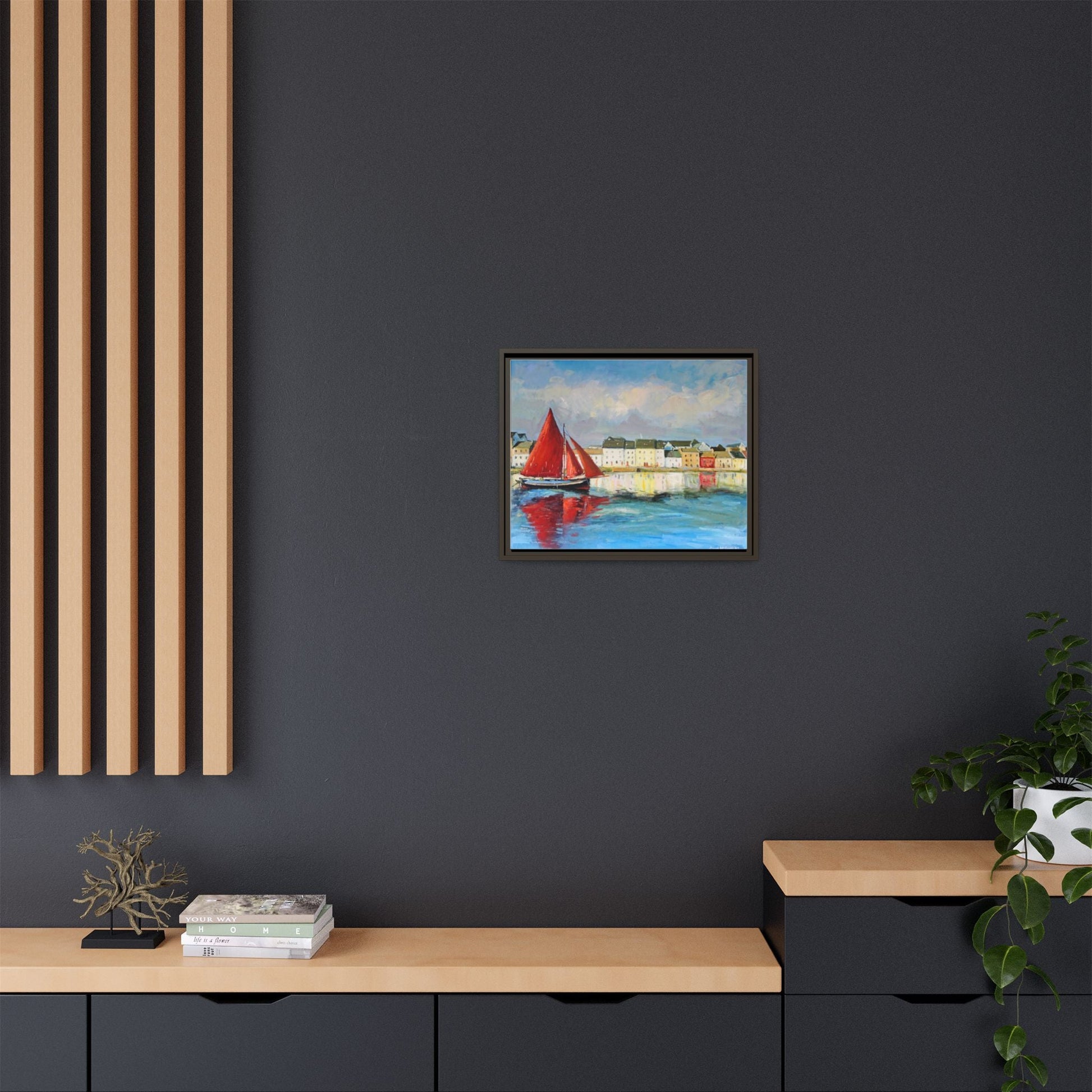 Galway Hooker Leaving Port wall art featuring a Galway Hooker boat sailing in a coastal scene, printed on high-quality canvas with a premium frame.