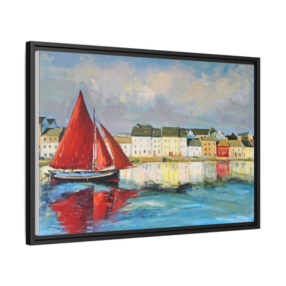 Galway Hooker Leaving Port wall art featuring a Galway Hooker boat sailing in a coastal scene, printed on high-quality canvas with a premium frame.