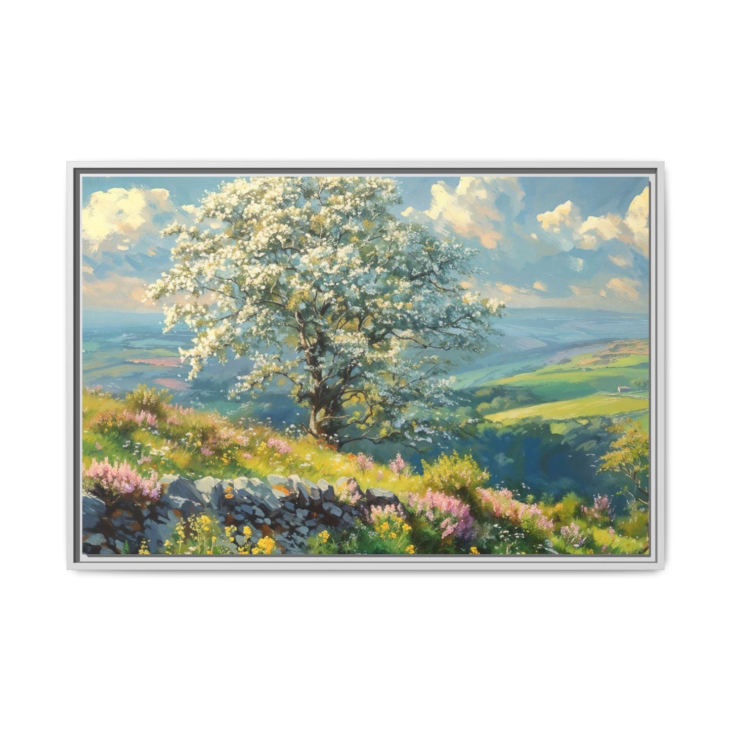 Whitethorn in Bloom wall art featuring a vibrant scene of blooming whitethorn trees, printed on high-quality canvas for a natural and timeless décor.