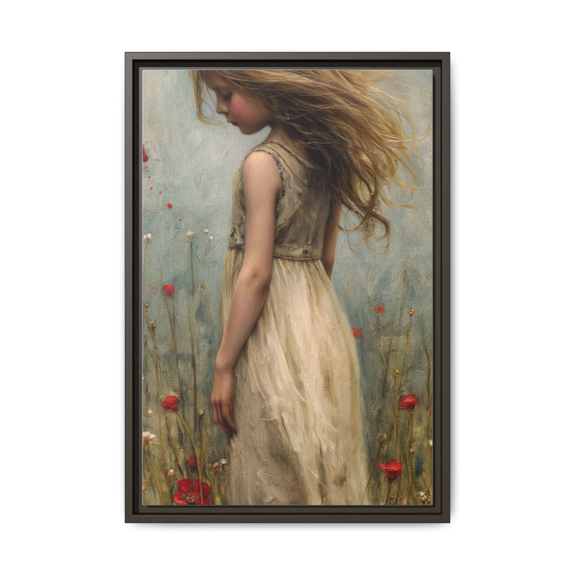 Young Girl In Flowers – Elegant pinewood-framed wall art featuring a high-quality cotton-polyester canvas with vibrant colors and a timeless design.