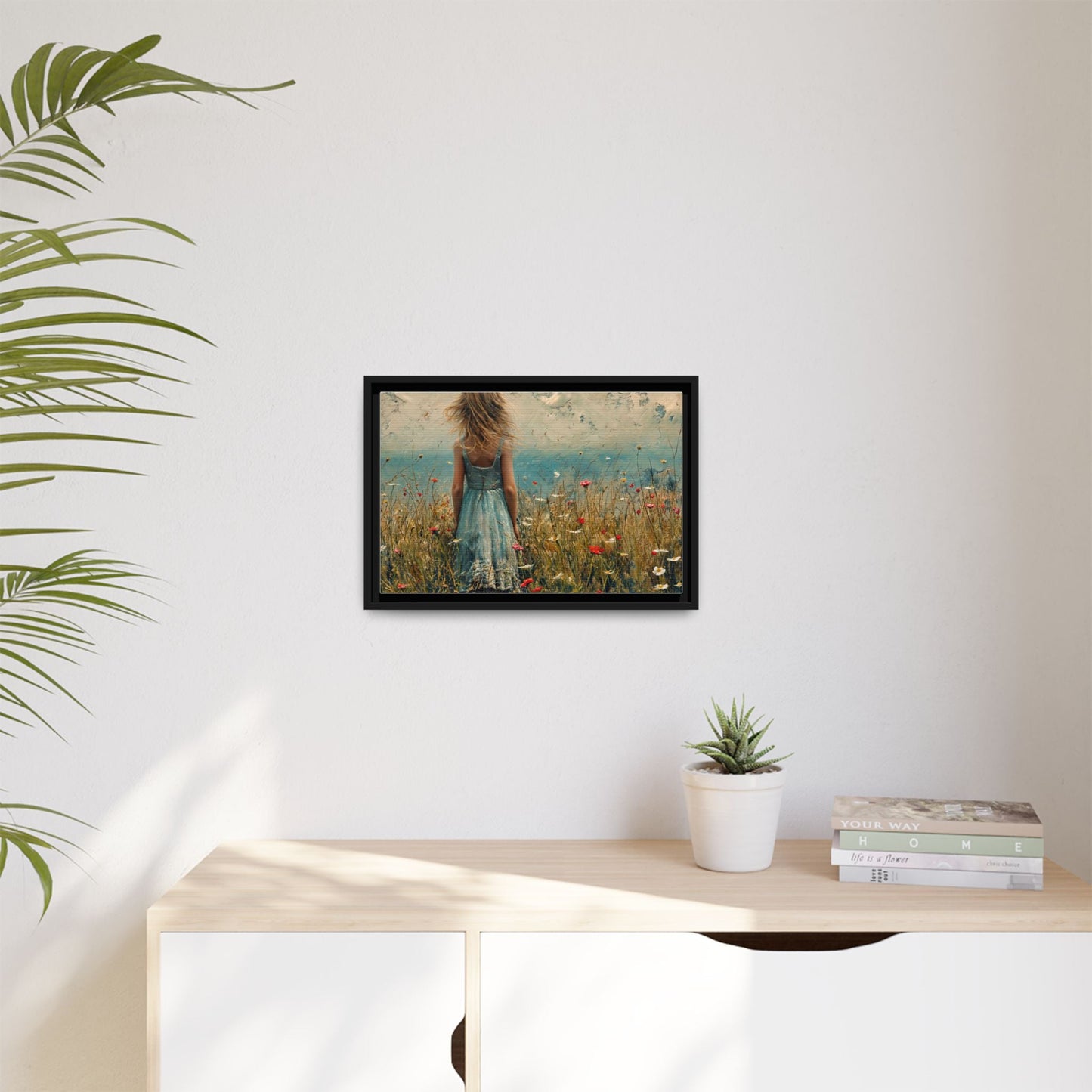 Young Girl Looking Out To Sea wall art, featuring a peaceful ocean view and a young girl in contemplation, printed on high-quality canvas for timeless décor.