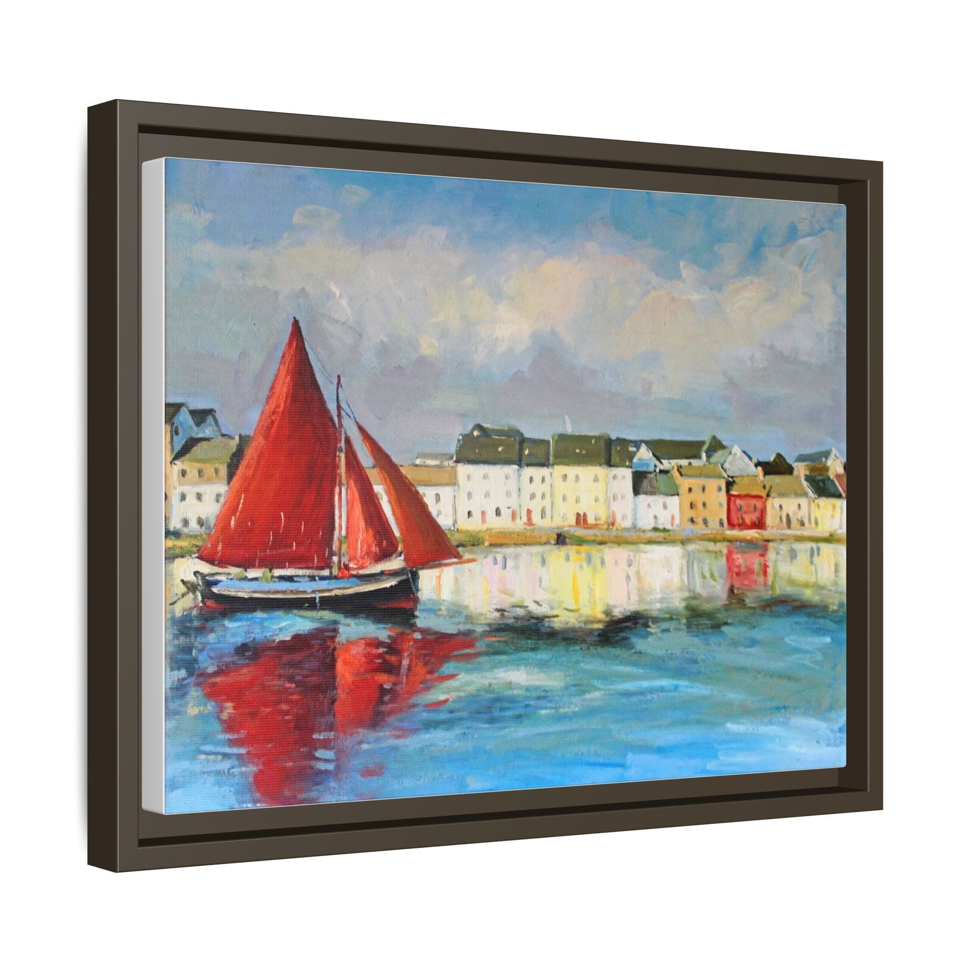 Galway Hooker Leaving Port wall art featuring a Galway Hooker boat sailing in a coastal scene, printed on high-quality canvas with a premium frame.