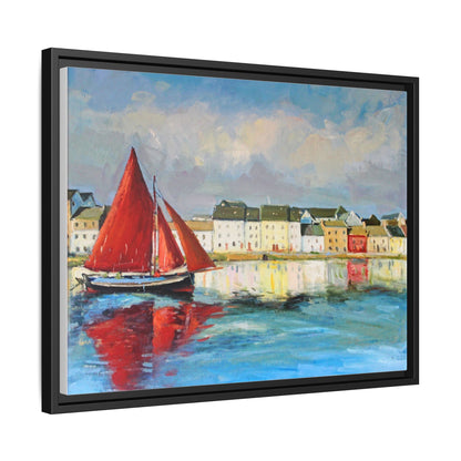 Galway Hooker Leaving Port wall art featuring a Galway Hooker boat sailing in a coastal scene, printed on high-quality canvas with a premium frame.