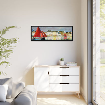 Galway Hooker Leaving Port wall art featuring a Galway Hooker boat sailing in a coastal scene, printed on high-quality canvas with a premium frame.