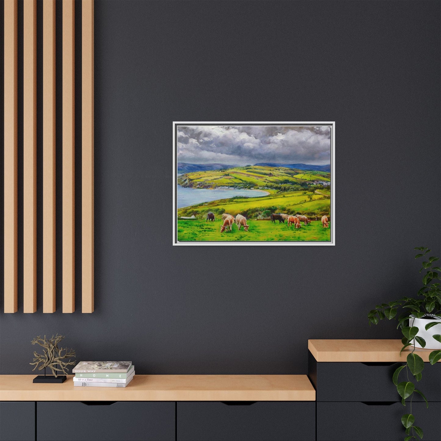 Cushendun Hills wall art showcasing rolling hills and scenic Irish landscapes, framed in high-quality materials for an elegant look.