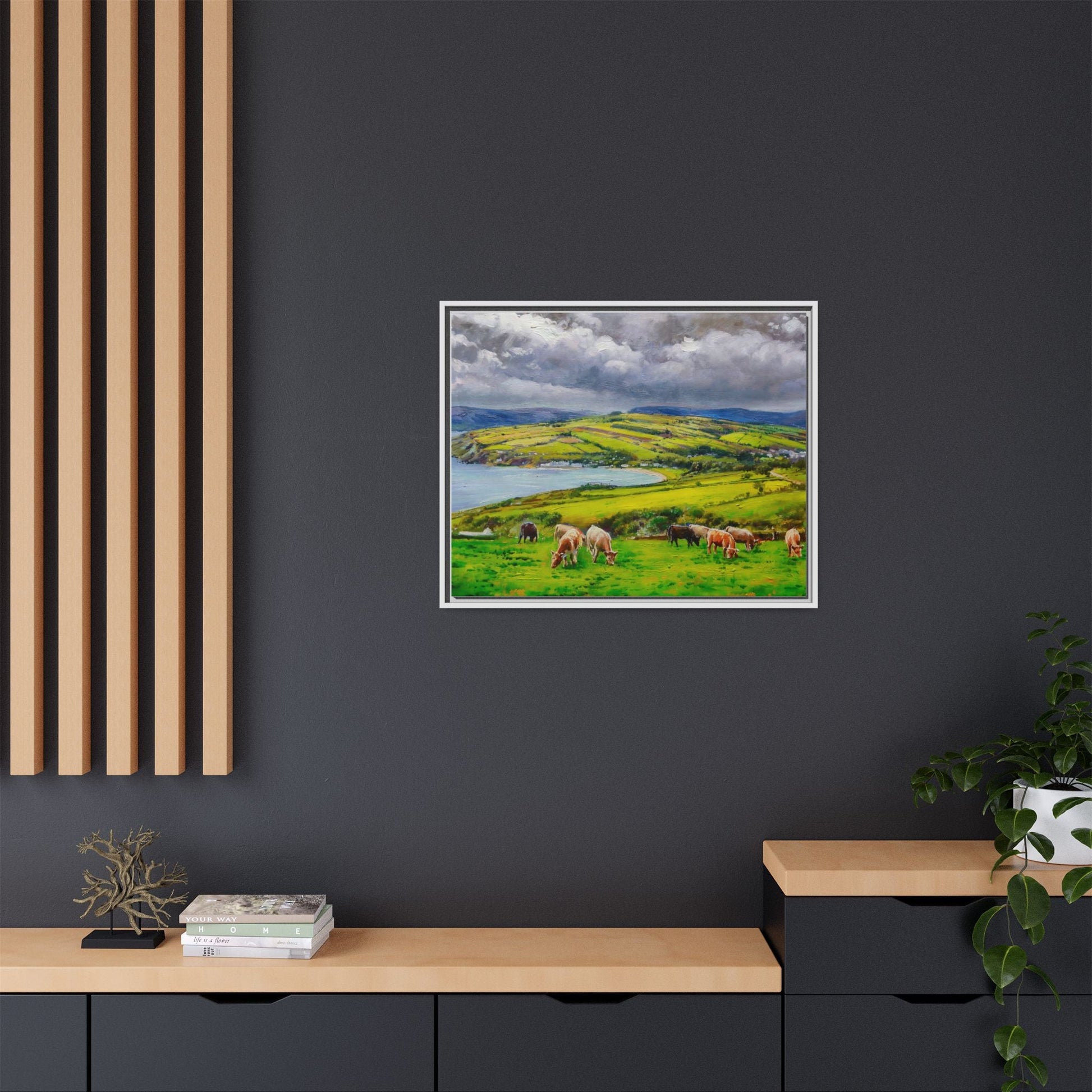 Cushendon Hills wall art showcasing rolling hills and scenic Irish landscapes, framed in high-quality materials for an elegant look.