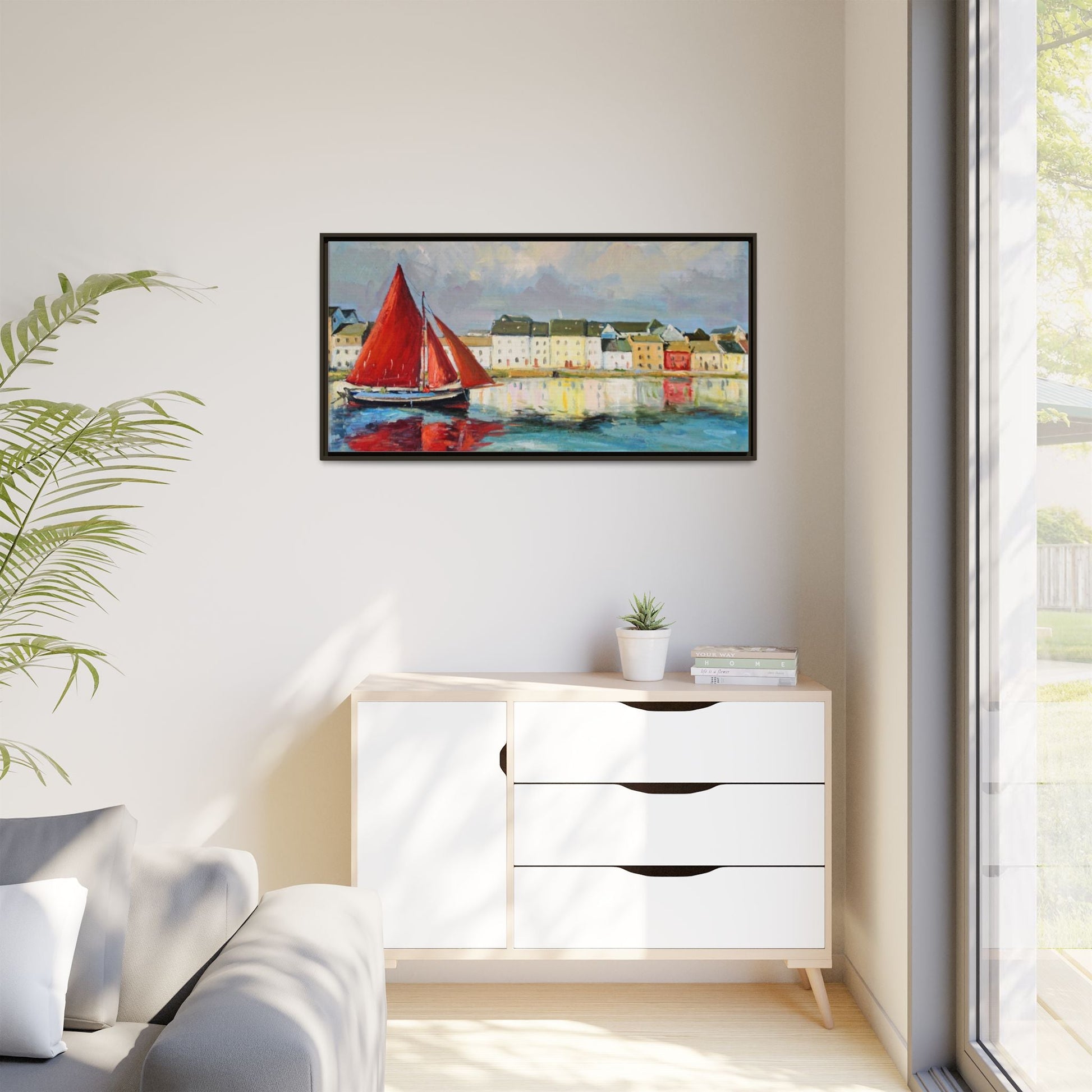 Galway Hooker Leaving Port wall art featuring a Galway Hooker boat sailing in a coastal scene, printed on high-quality canvas with a premium frame.