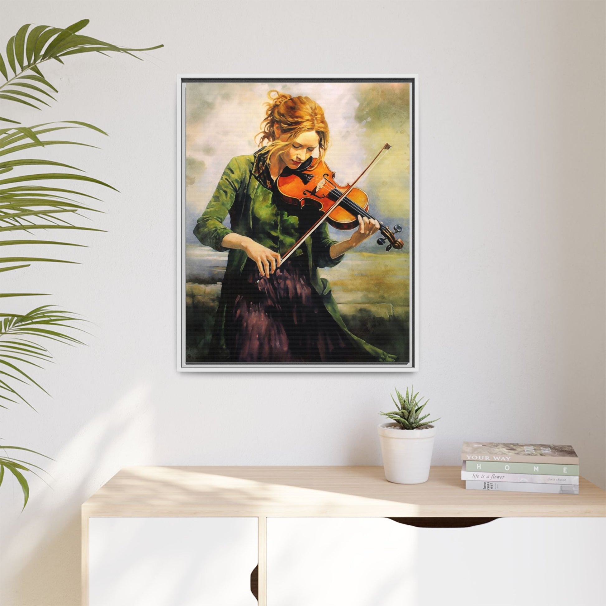 Young Girl with Fiddle wall art featuring a young musician playing the fiddle, printed on high-quality canvas for timeless and elegant décor.