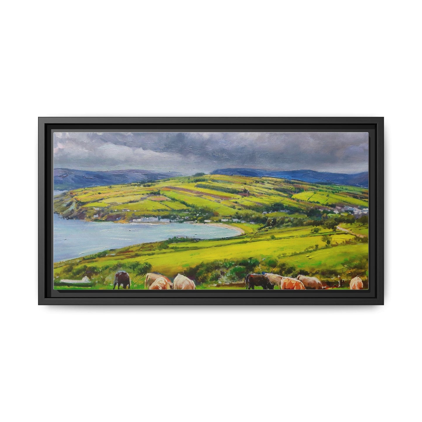 Cushendun Hills wall art showcasing rolling hills and scenic Irish landscapes, framed in high-quality materials for an elegant look.