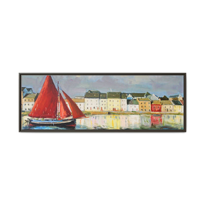 Galway Hooker Leaving Port wall art featuring a Galway Hooker boat sailing in a coastal scene, printed on high-quality canvas with a premium frame.