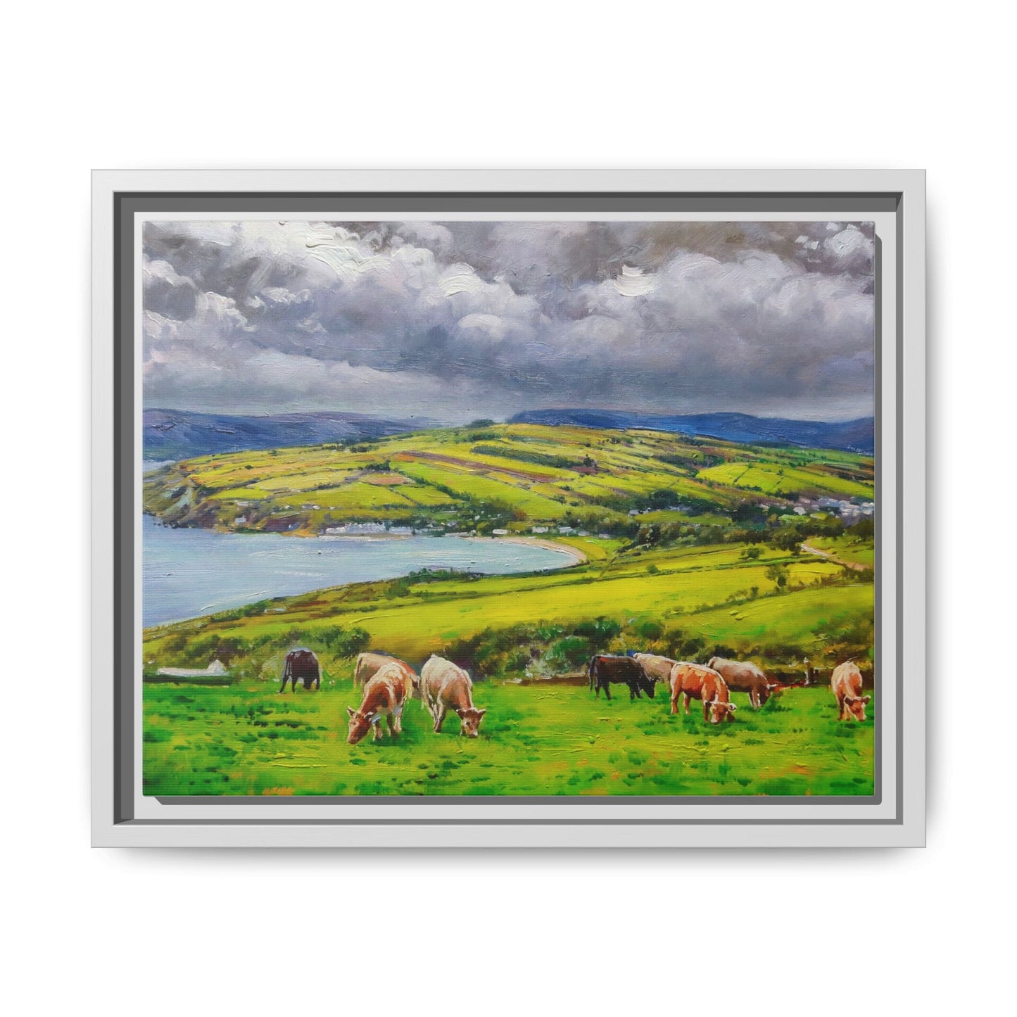 Cushendun Hills wall art showcasing rolling hills and scenic Irish landscapes, framed in high-quality materials for an elegant look.