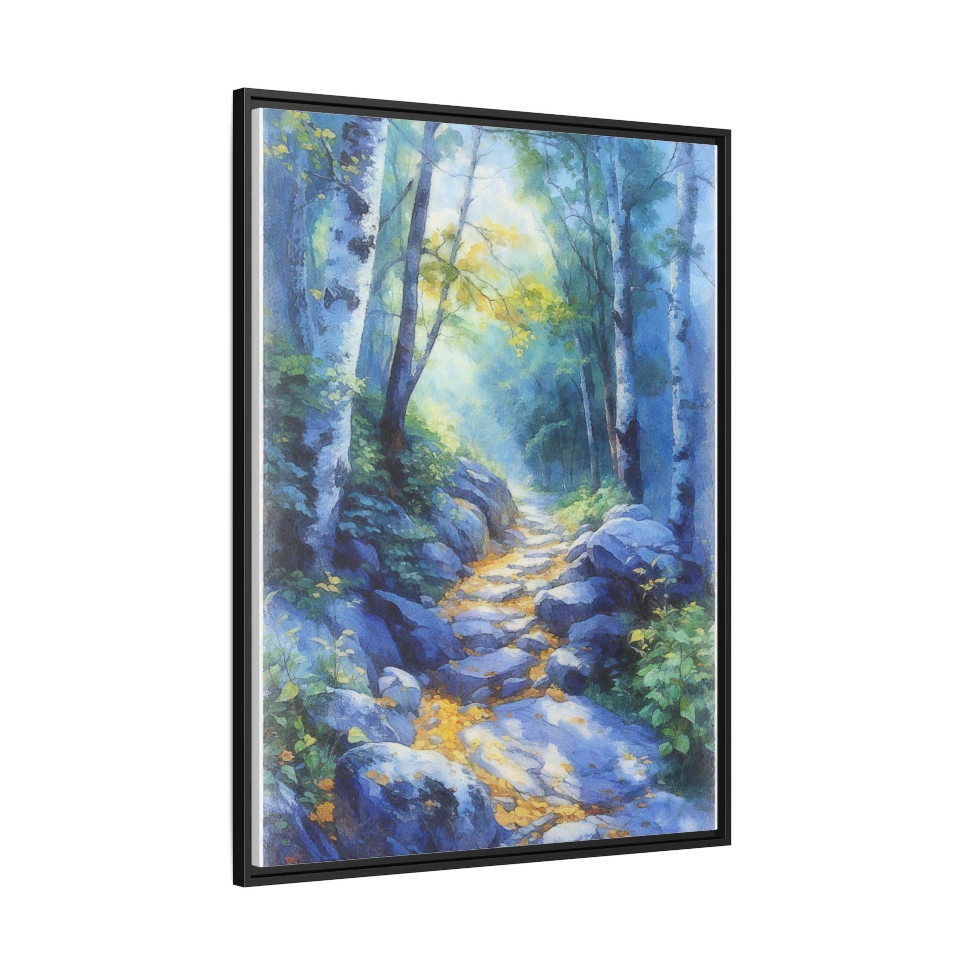 Blue Forest Path II wall art featuring a tranquil forest scene with a serene blue-toned path, printed on high-quality canvas for timeless décor.