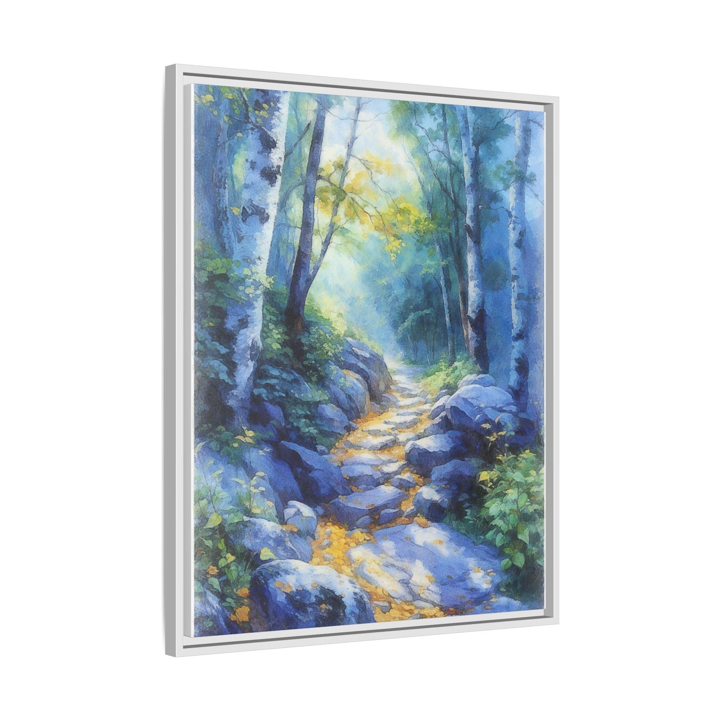 Blue Forest Path II wall art featuring a tranquil forest scene with a serene blue-toned path, printed on high-quality canvas for timeless décor.