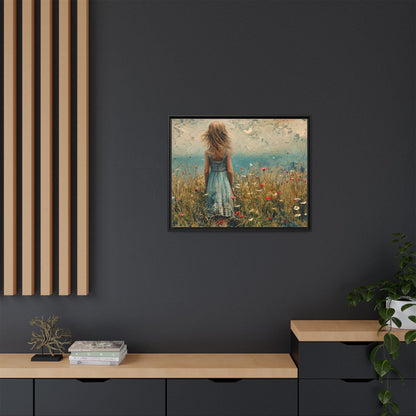 Young Girl Looking Out To Sea wall art, featuring a peaceful ocean view and a young girl in contemplation, printed on high-quality canvas for timeless décor.