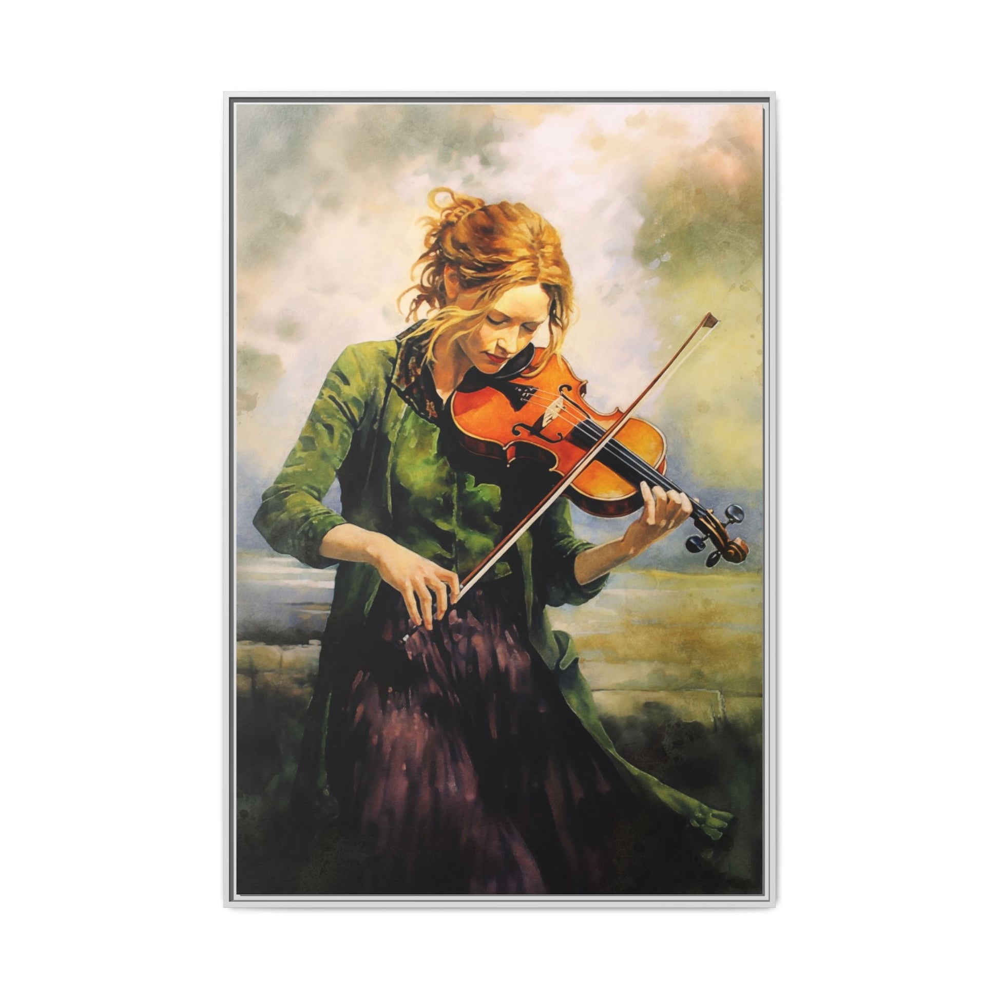 Young Girl with Fiddle wall art featuring a young musician playing the fiddle, printed on high-quality canvas for timeless and elegant décor.