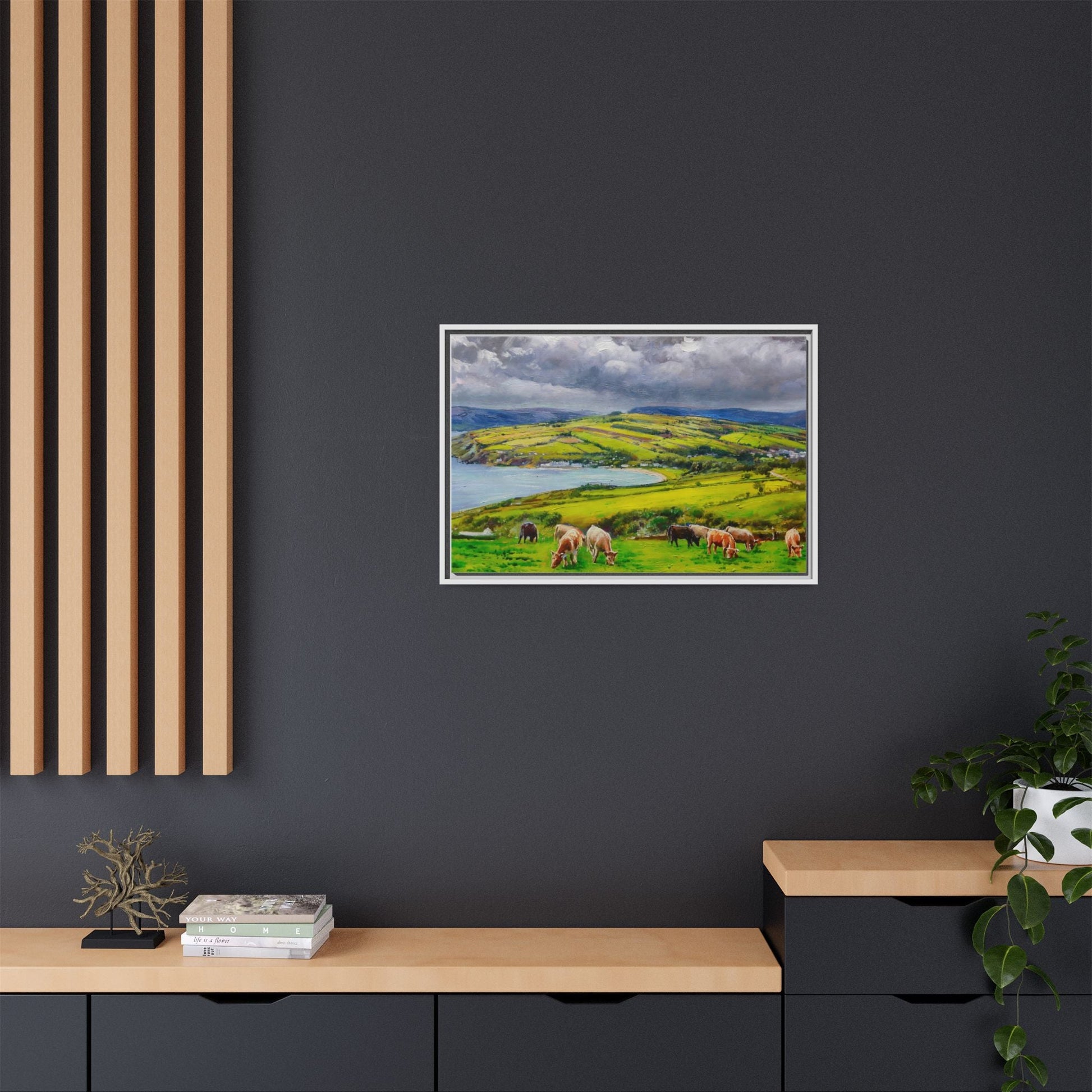 Cushendun Hills wall art showcasing rolling hills and scenic Irish landscapes, framed in high-quality materials for an elegant look.