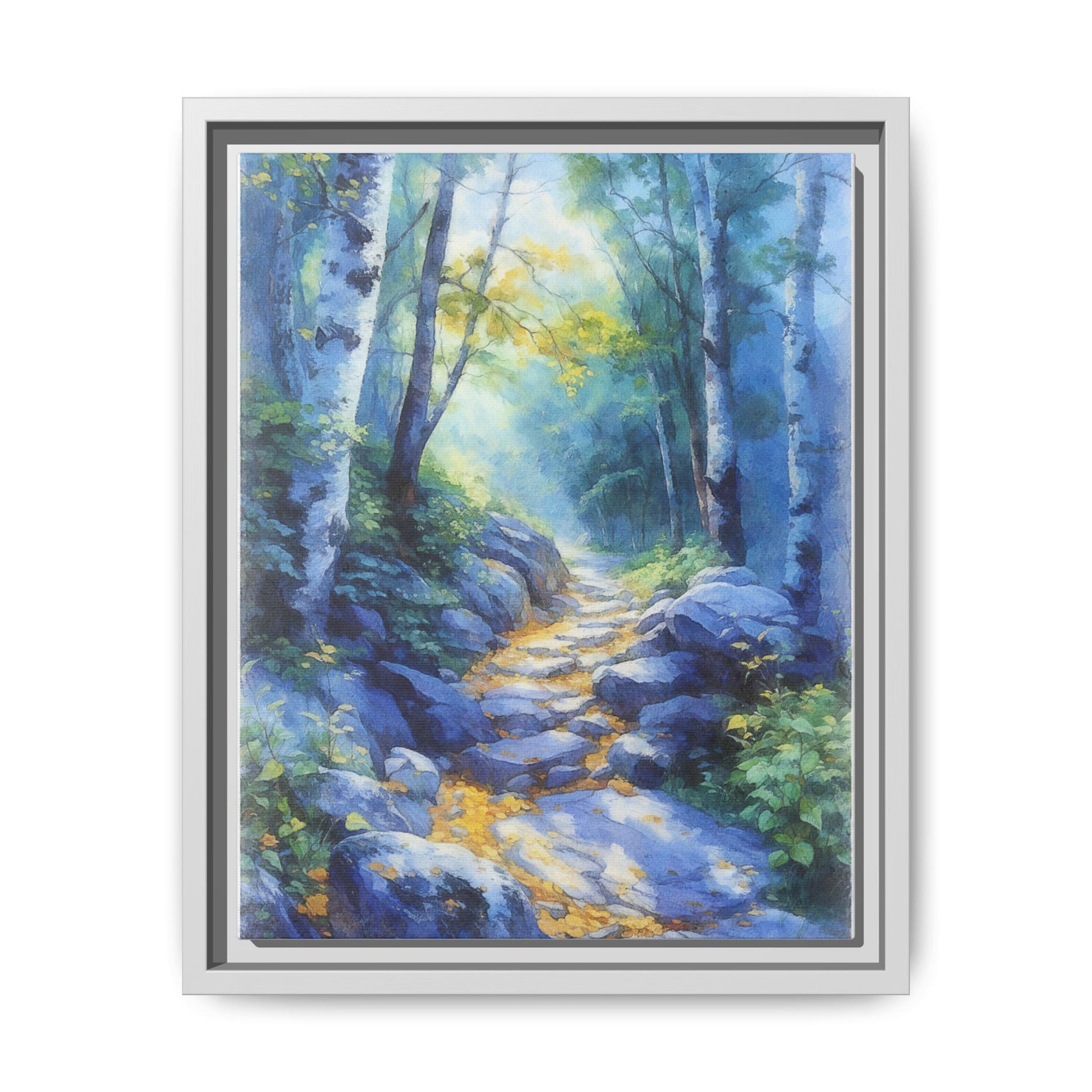 Blue Forest Path II wall art featuring a tranquil forest scene with a serene blue-toned path, printed on high-quality canvas for timeless décor.