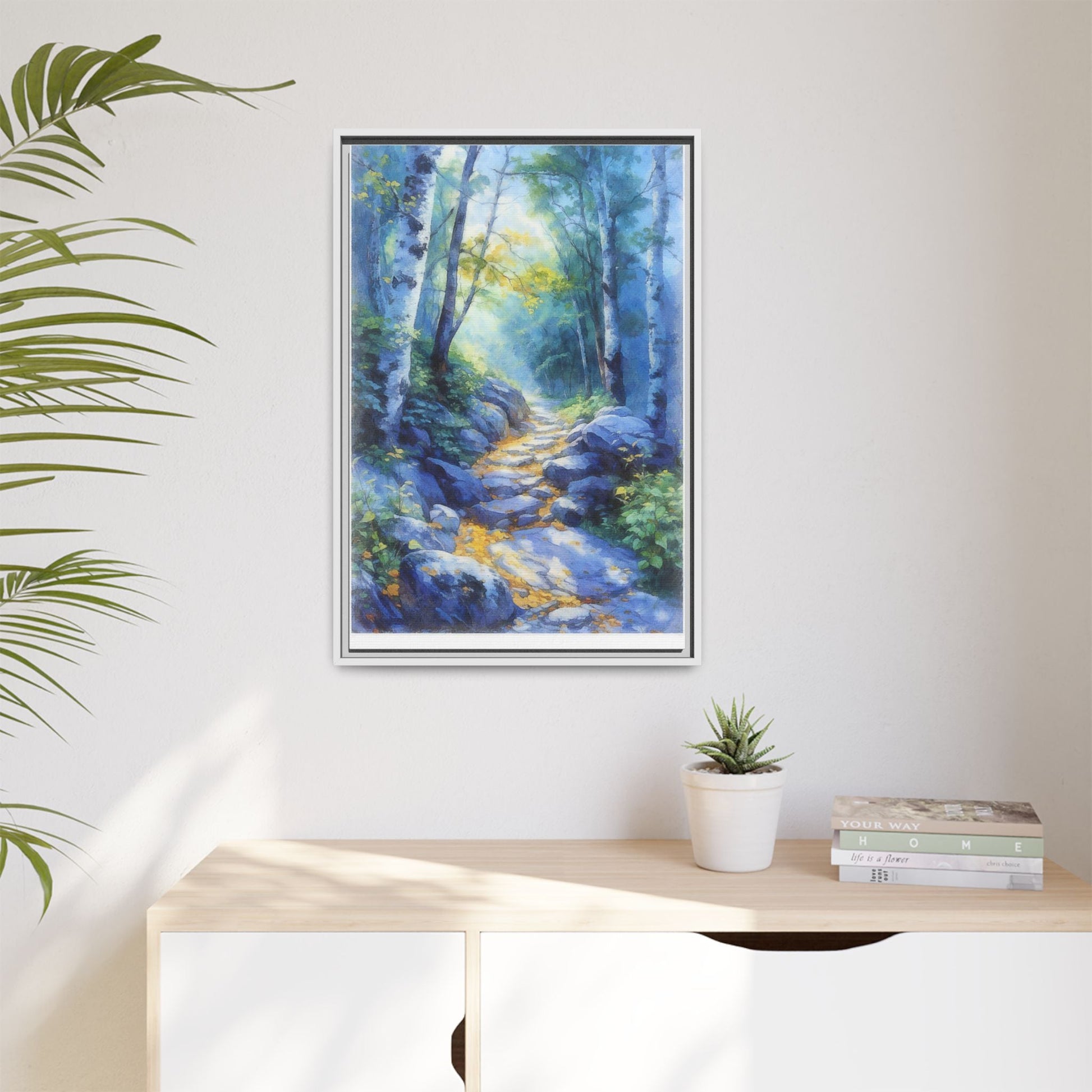 Blue Forest Path II wall art featuring a tranquil forest scene with a serene blue-toned path, printed on high-quality canvas for timeless décor.