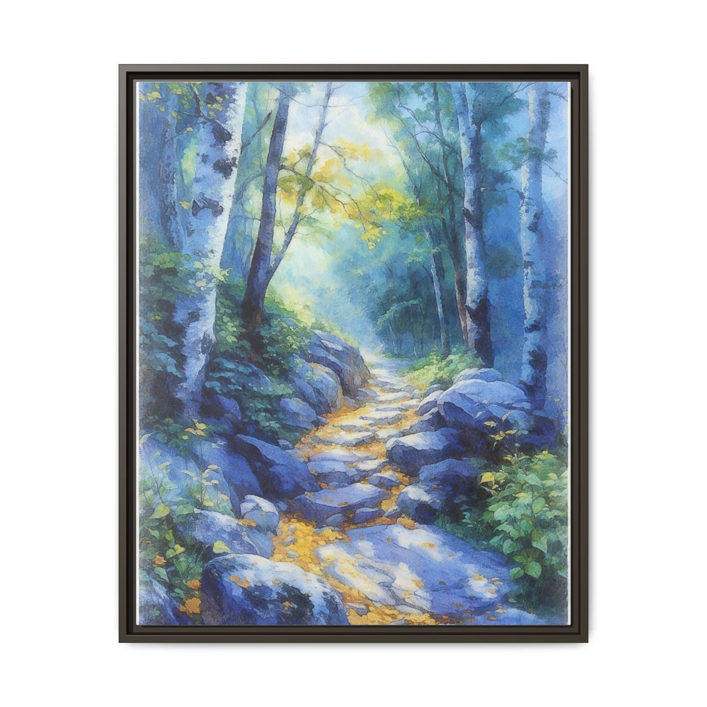 Blue Forest Path II wall art featuring a tranquil forest scene with a serene blue-toned path, printed on high-quality canvas for timeless décor.