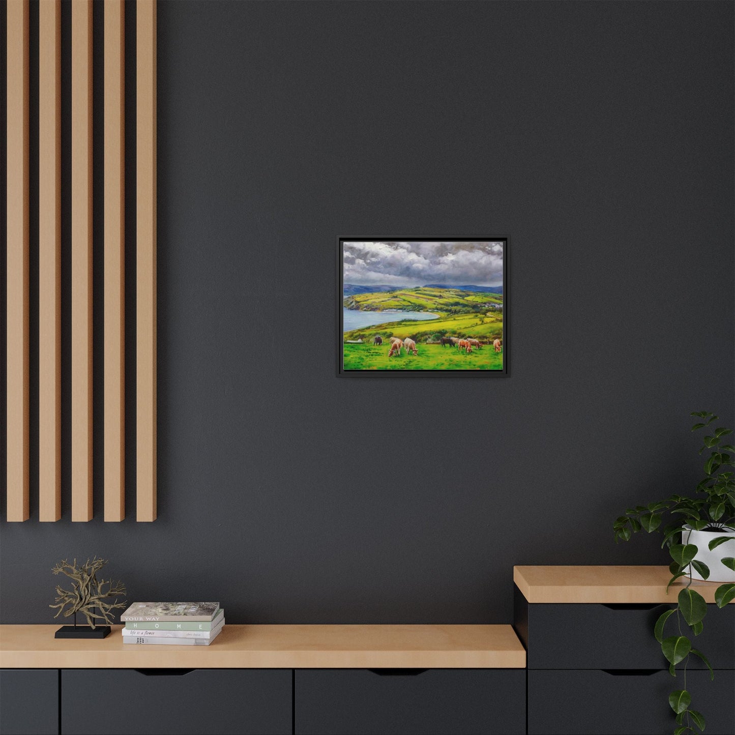 Cushendun Hills wall art showcasing rolling hills and scenic Irish landscapes, framed in high-quality materials for an elegant look.