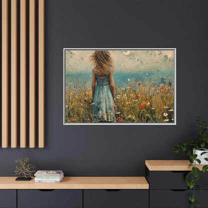 Young Girl Looking Out To Sea wall art, featuring a peaceful ocean view and a young girl in contemplation, printed on high-quality canvas for timeless décor.