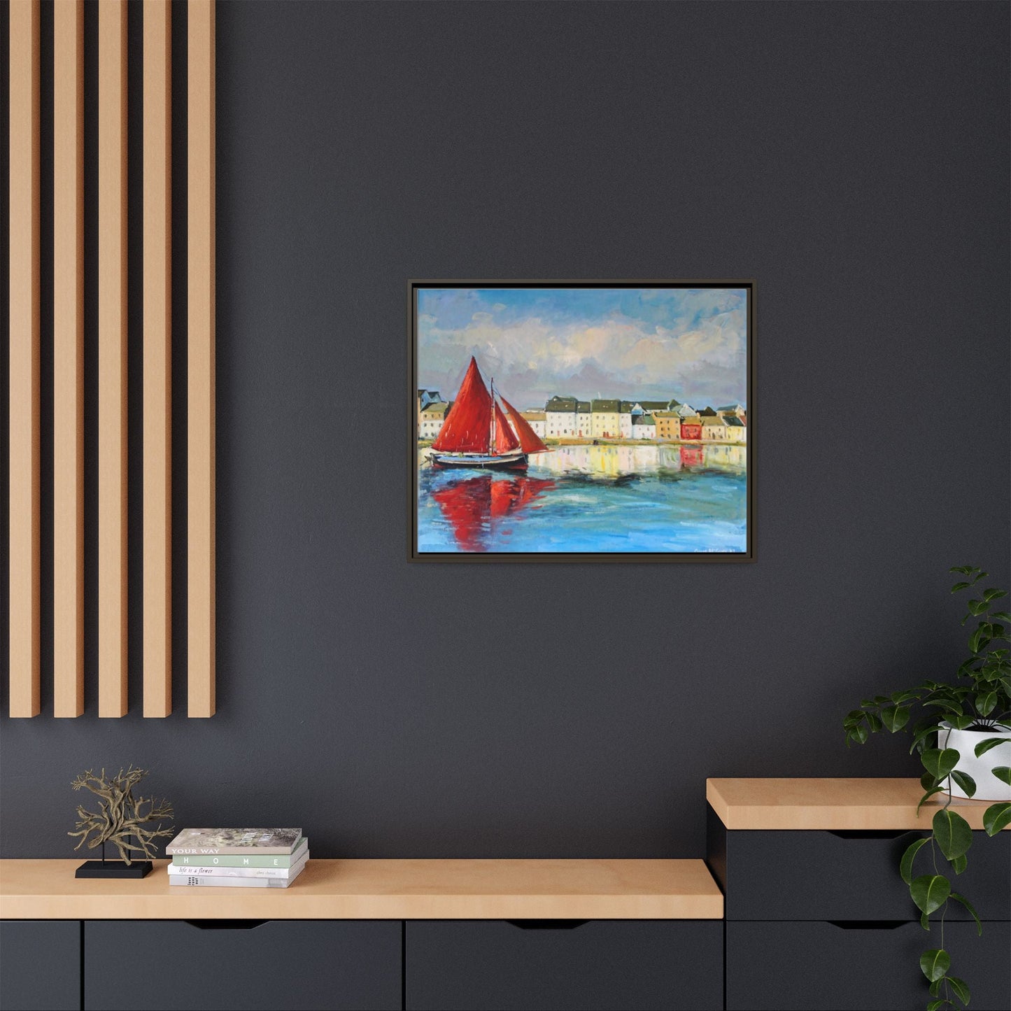 Galway Hooker Leaving Port wall art featuring a Galway Hooker boat sailing in a coastal scene, printed on high-quality canvas with a premium frame.