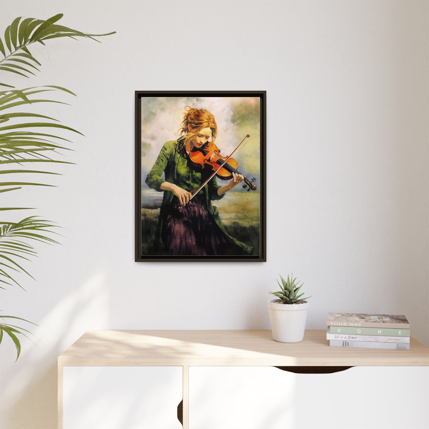 Young Girl with Fiddle wall art featuring a young musician playing the fiddle, printed on high-quality canvas for timeless and elegant décor.