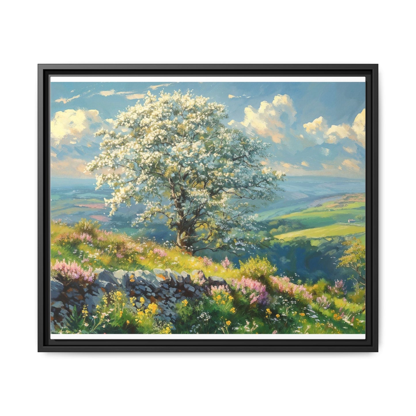 Whitethorn in Bloom wall art featuring a vibrant scene of blooming whitethorn trees, printed on high-quality canvas for a natural and timeless décor.