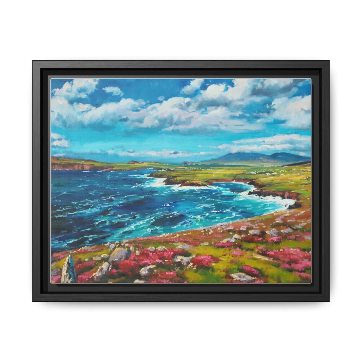 Dingle Peninsula wall art featuring a scenic view of Ireland's rugged coastline, printed on high-quality canvas with a premium frame.