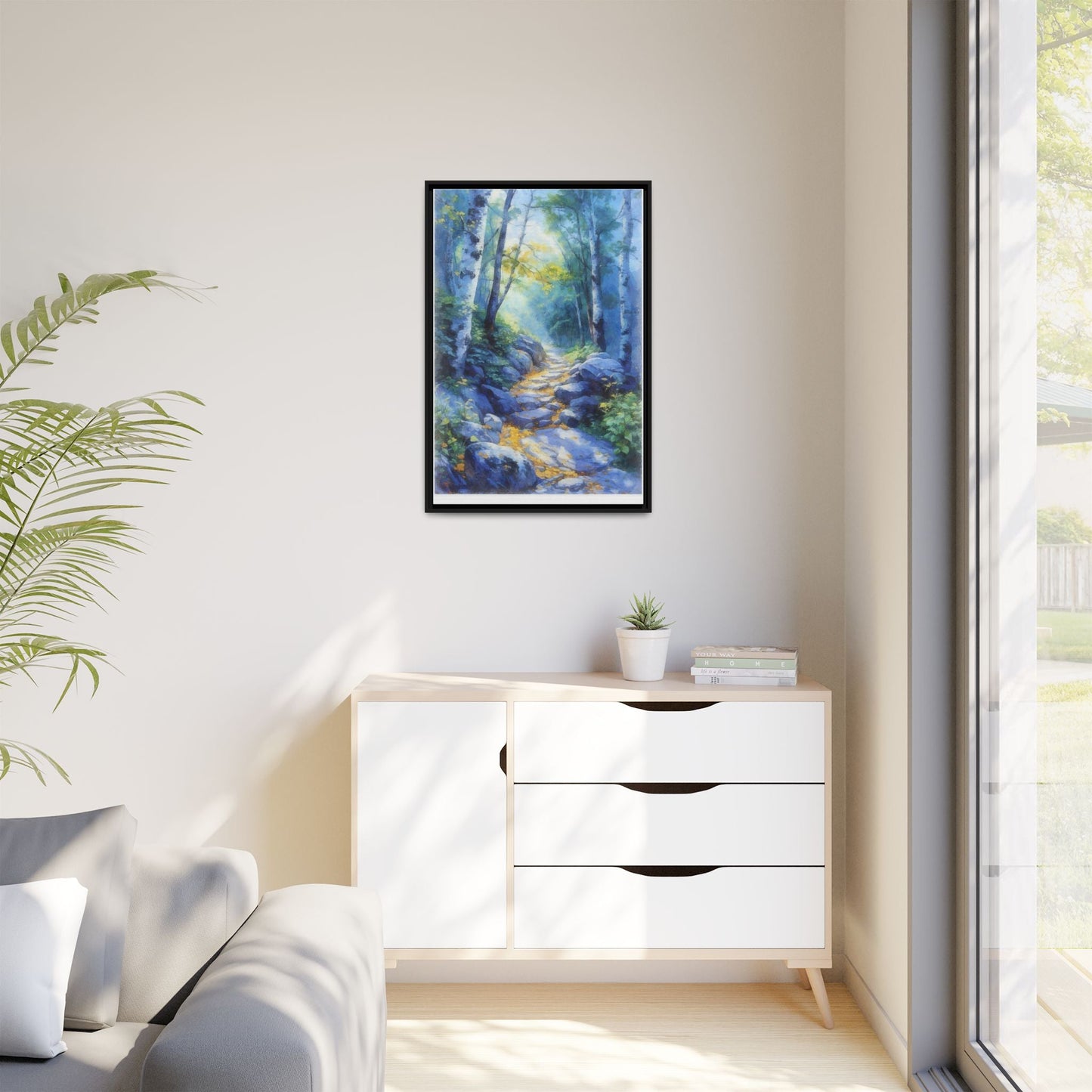 Blue Forest Path II wall art featuring a tranquil forest scene with a serene blue-toned path, printed on high-quality canvas for timeless décor.