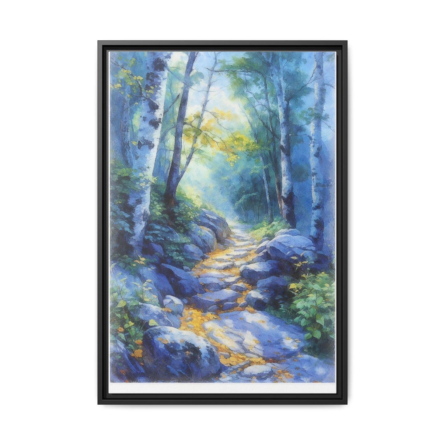 Blue Forest Path II wall art featuring a tranquil forest scene with a serene blue-toned path, printed on high-quality canvas for timeless décor.