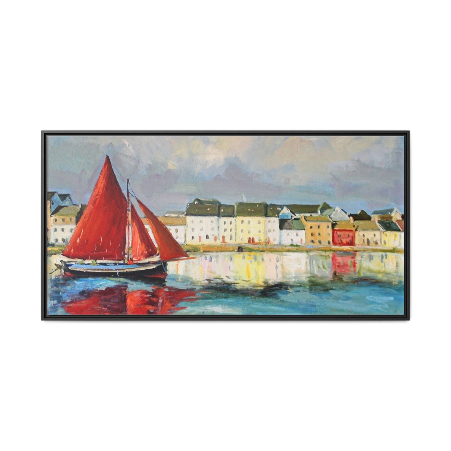 Galway Hooker Leaving Port wall art featuring a Galway Hooker boat sailing in a coastal scene, printed on high-quality canvas with a premium frame.