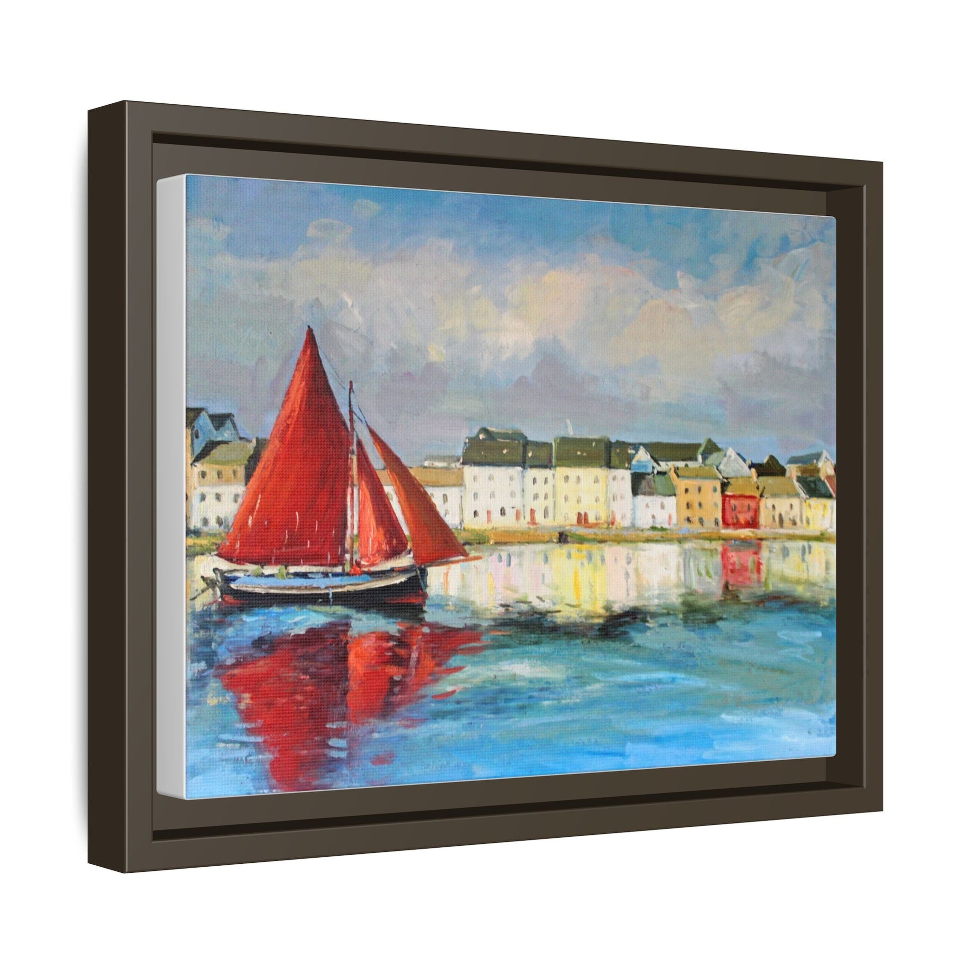 Galway Hooker Leaving Port wall art featuring a Galway Hooker boat sailing in a coastal scene, printed on high-quality canvas with a premium frame.