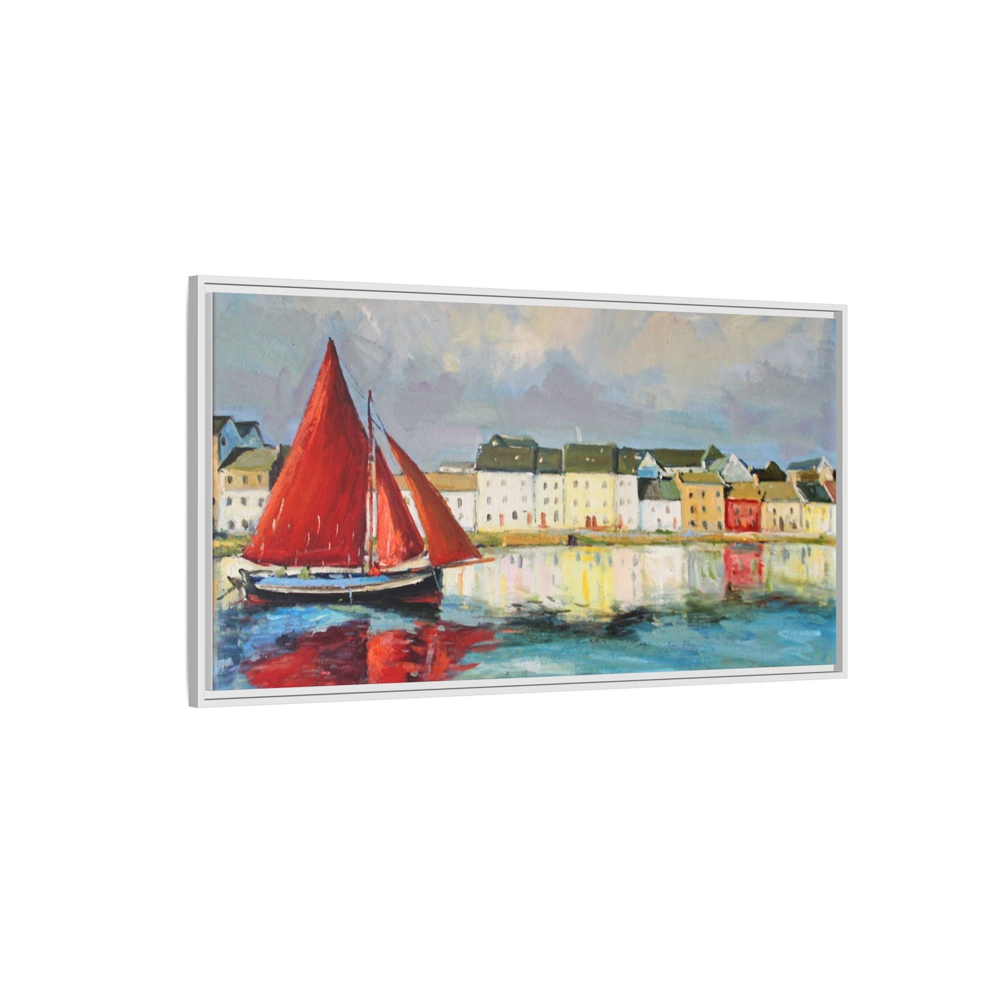 Galway Hooker Leaving Port wall art featuring a Galway Hooker boat sailing in a coastal scene, printed on high-quality canvas with a premium frame.