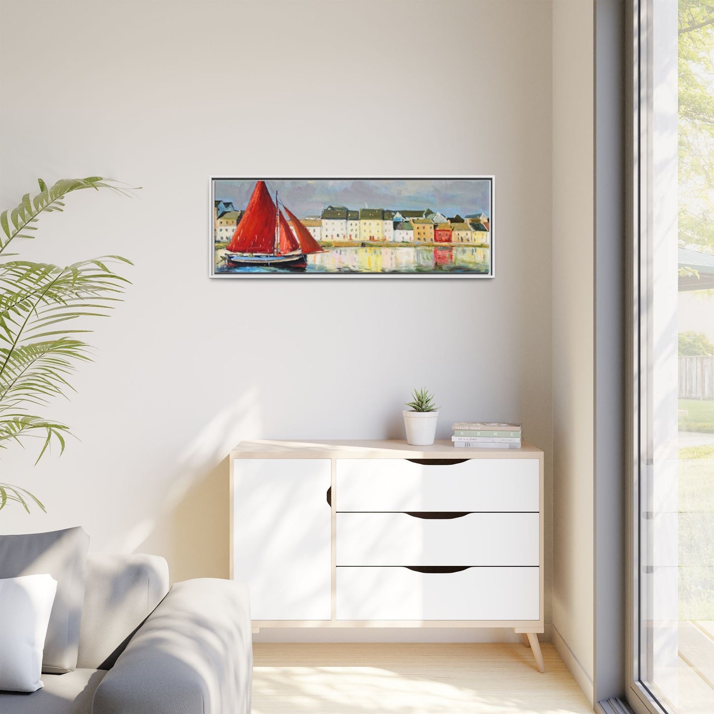 Galway Hooker Leaving Port wall art featuring a Galway Hooker boat sailing in a coastal scene, printed on high-quality canvas with a premium frame.