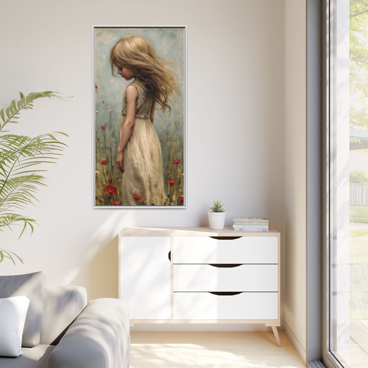 Young Girl In Flowers – Elegant pinewood-framed wall art featuring a high-quality cotton-polyester canvas with vibrant colors and a timeless design.