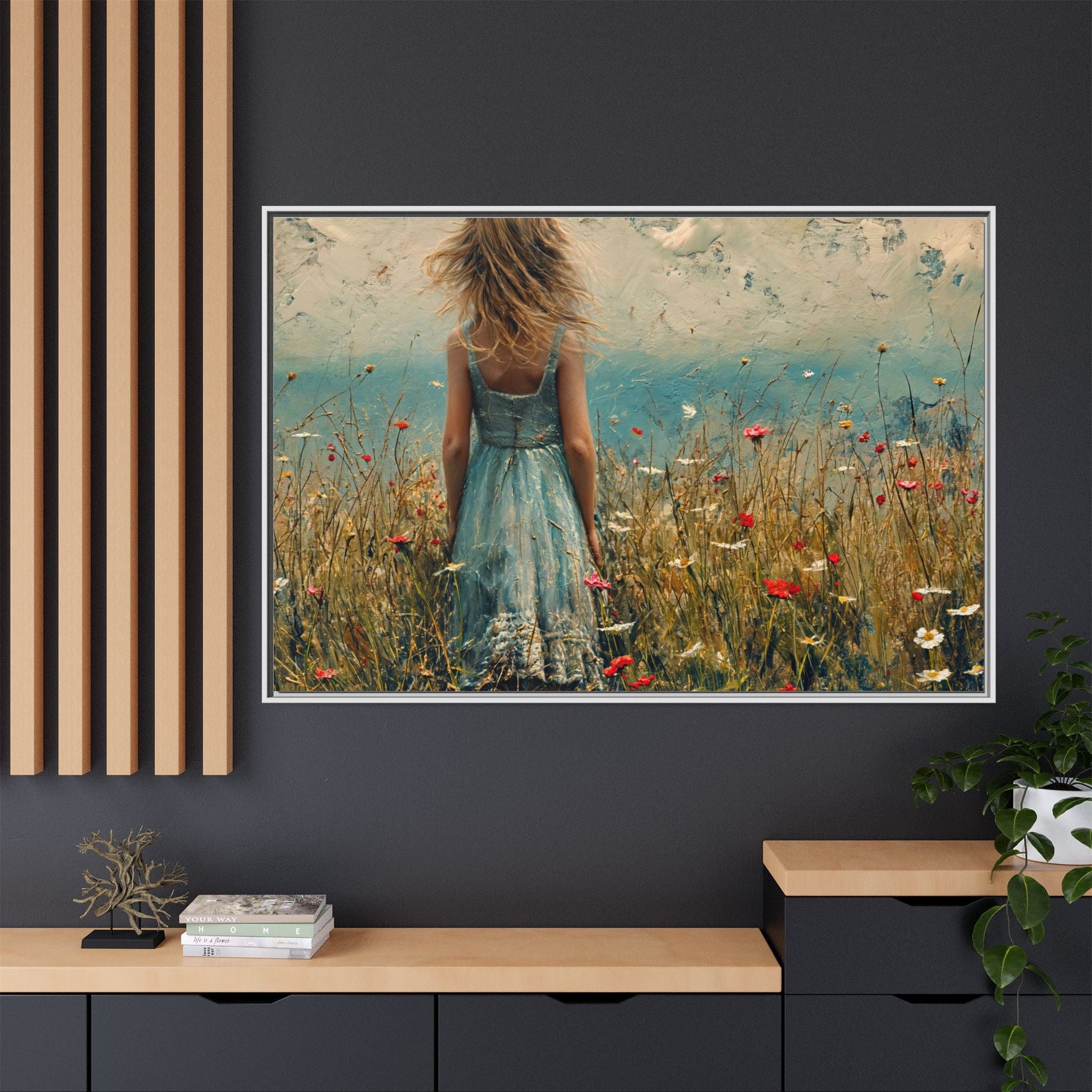 Young Girl Looking Out To Sea wall art, featuring a peaceful ocean view and a young girl in contemplation, printed on high-quality canvas for timeless décor.