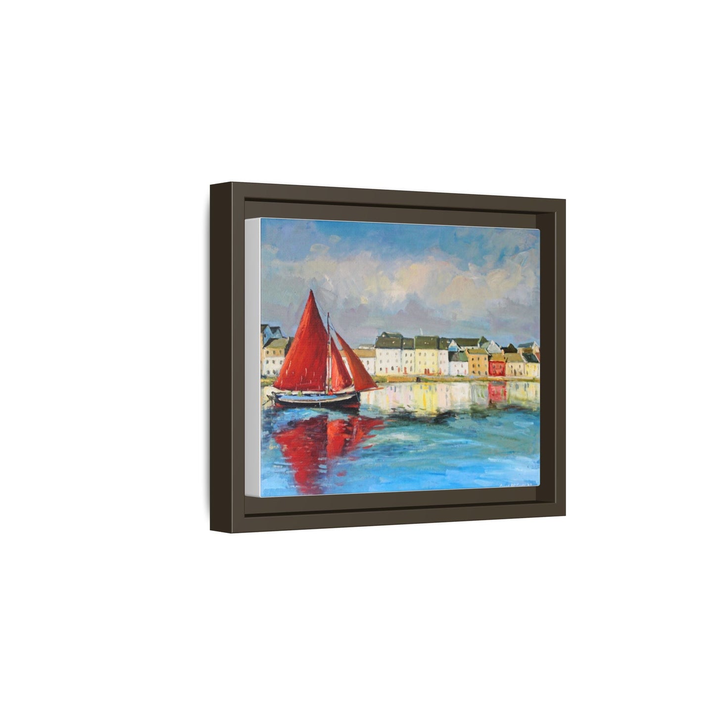 Galway Hooker Leaving Port wall art featuring a Galway Hooker boat sailing in a coastal scene, printed on high-quality canvas with a premium frame.