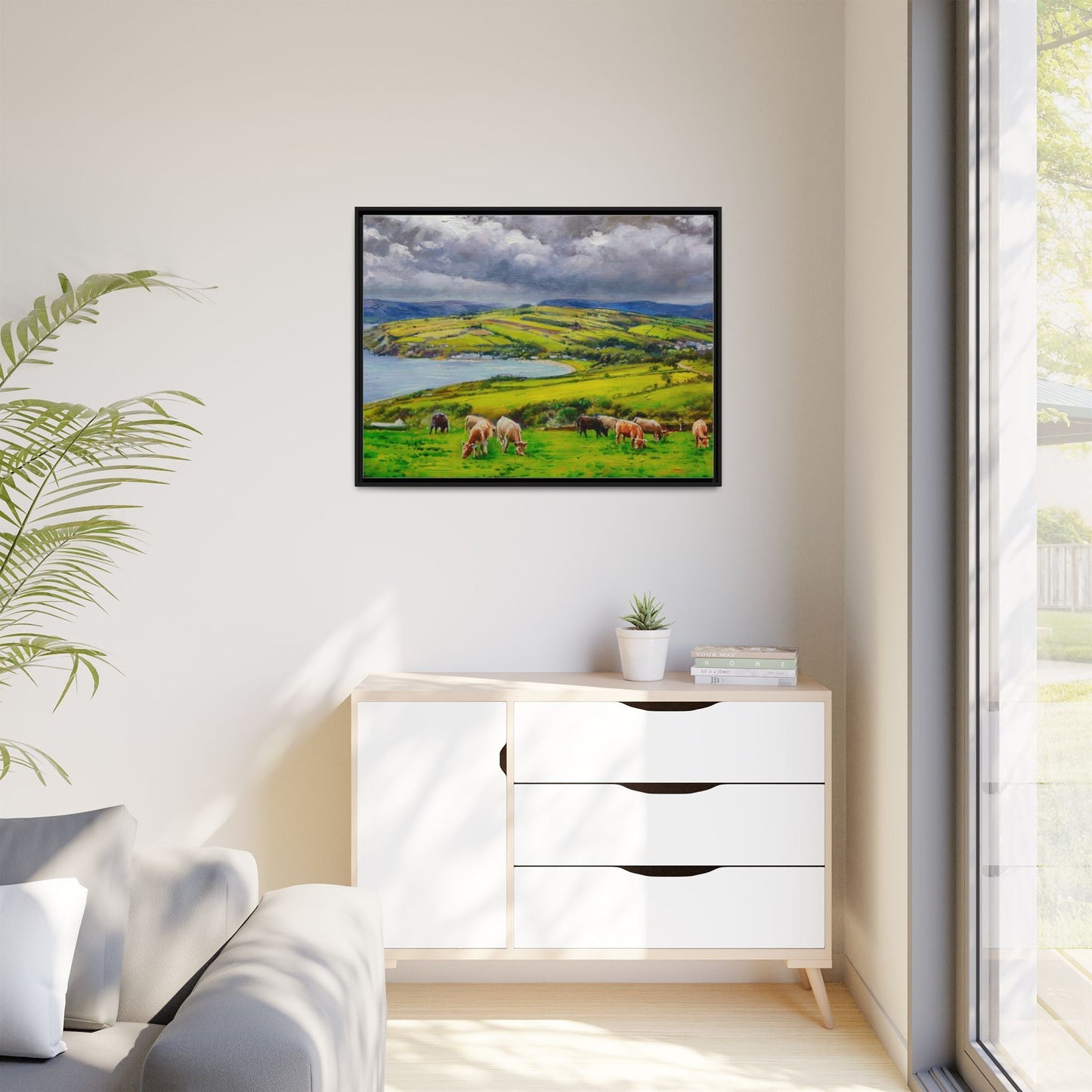 Cushendun Hills wall art showcasing rolling hills and scenic Irish landscapes, framed in high-quality materials for an elegant look.