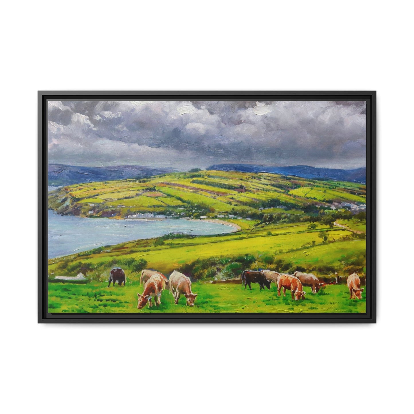 Cushendun Hills wall art showcasing rolling hills and scenic Irish landscapes, framed in high-quality materials for an elegant look.