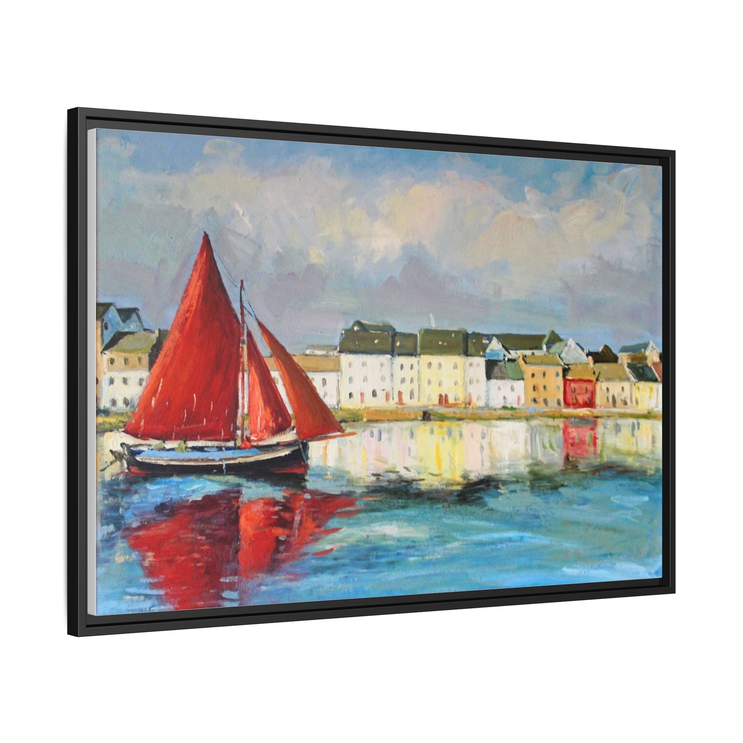 Galway Hooker Leaving Port wall art featuring a Galway Hooker boat sailing in a coastal scene, printed on high-quality canvas with a premium frame.